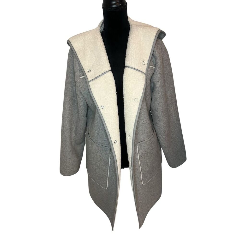 NWT Mo-Ka Women's Gray Sherpa Lined Hooded Overcoat Size L Winter Coat - Picture 1 of 10